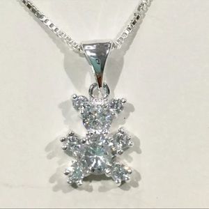 Sterling Silver CZ Clear Stone Teddy Bear Necklace